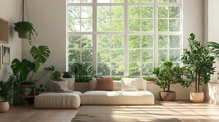 Wall Mural - Modern living room with white couch, large windows and plants