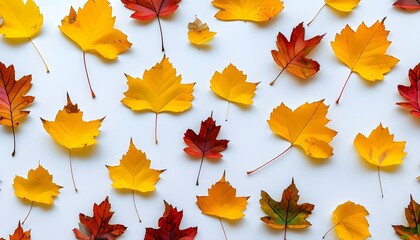 Wall Mural - Flat lay of vibrant autumn leaves on a white background showcasing a stunning pattern of yellow and colorful hues