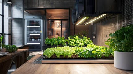 Wall Mural - Indoor Garden with Plants Growing Under LED Lights