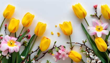 Wall Mural - Bright yellow tulips and spring flowers on a white background for Valentines Day and Womens Day celebrations