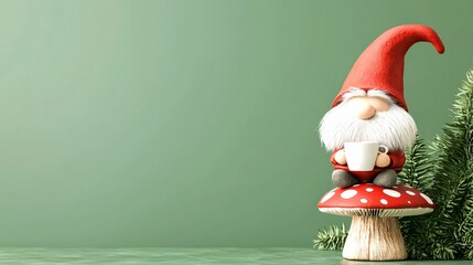 A garden gnome dressed in red sits on a spotted mushroom holding a coffee cup, next to pine branches on a green background.