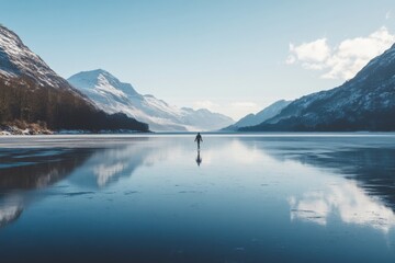 Wall Mural - A serene ice-covered lake reflects the stunning mountains and sky. A solitary figure stands on the frozen surface. Perfect for nature lovers and adventurers. Generative AI