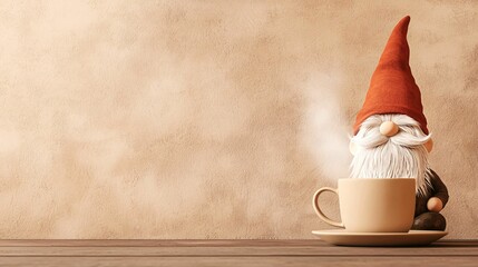 Wall Mural - A garden gnome wearing a red hat sits next to a large beige steaming coffee cup on a wooden table, against a beige wall background.