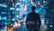 © RESTY - Businessman looking at futuristic city lights and graphs representing financial markets
