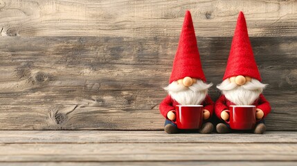 Wall Mural - Two garden gnomes wearing red hats sit side by side holding red mugs, positioned against a rustic wooden background, creating a cozy and warm atmosphere.