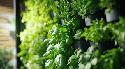 Wall Mural - A Close-Up of Lush Green Basil Plants in a Vertical Garden