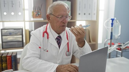 Poster - Senior male doctor in a clinic using a smartphone while working at his desk on a laptop, medicine, stethoscope, glasses, bookshelf, indoors, elderly, caucasian, indoor, office.