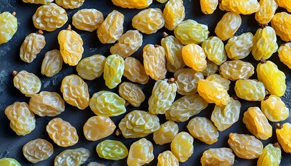 Golden raisins texture in warm yellow light, flat lay perspective