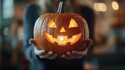 A person holding a carved pumpkin with a cheerful expression during a festive Halloween celebration indoors