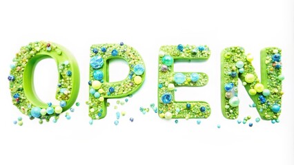 Wall Mural - Green and Blue Glitter Letters Spelling Open