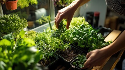 Wall Mural - A Hand Reaching for Green Sprouts in a Garden