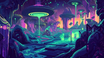 Wall Mural - A vibrant, otherworldly landscape with floating structures and glowing elements.