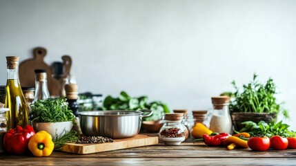 A vibrant kitchen scene with fresh vegetables and herbs, ready for cooking.