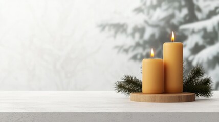 Menorah with lit candles on a snowy windowsill, cozy winter scene, 3D illustration