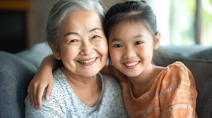 Close up smiling face of Asian granddaughter and grandmother looking at camera on sofa at home