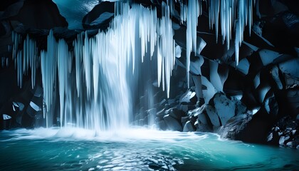 Wall Mural - Crystal clear water cascading from icicles within a dark, frigid cave in the enchanting landscapes of Iceland