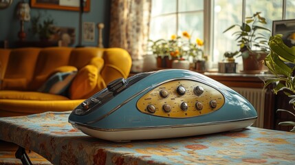 Wall Mural - A vintage blue radio on a floral tablecloth in a cozy living room.