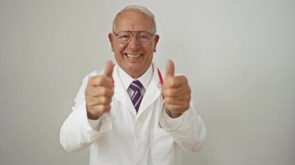 Poster - Smiling, elderly, grey-haired, caucasian, man wearing glasses and a white coat gives a double thumbs-up while standing isolated against a white background.