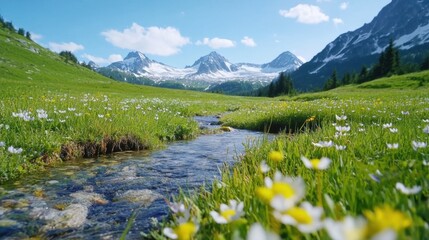 Canvas Print - A stream of water flowing through a meadow with flowers, AI