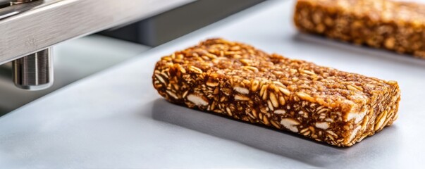 Close-up of a healthy snack bar made with nuts and seeds, showcasing its texture and natural ingredients on a clean surface.