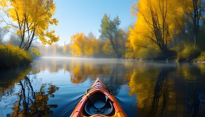 Wall Mural - Kayak journey down a serene river under sunny autumn skies, surrounded by vibrant yellow foliage and foggy reflections, embracing the spirit of exploration in wild nature