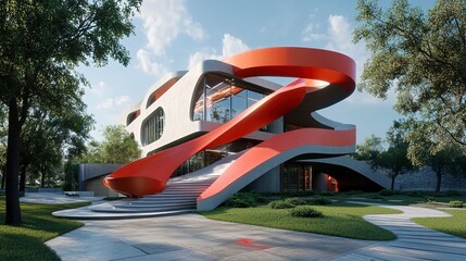 Canvas Print - Modern Architecture with Twisting Staircase and Red Highlights