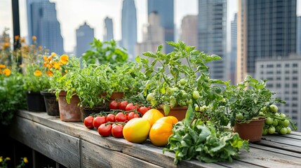 Wall Mural - Urban Rooftop Garden with Tomatoes, Peppers, and Herbs