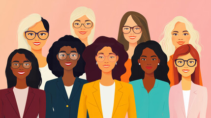 A diverse group of businesswomen, including an Asian woman, a Black woman, and a senior staff member, take a portrait selfie together in an office setting.They smile confidently, representing teamwork