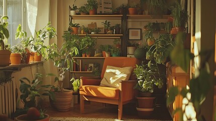 Canvas Print - Sunlit Living Room with Plants and Mid-Century Modern Chair