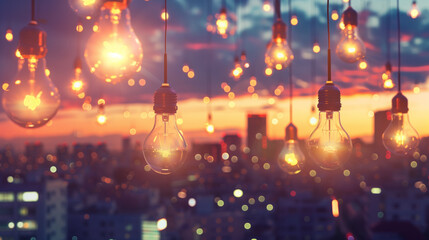 Sticker - Glowing lightbulbs hanging over a city skyline at night, symbolizing creativity, innovation, and bright ideas