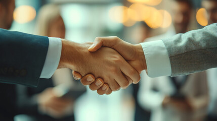 A group of business professionals stands in a sleek, modern office, engaging in a warm handshake. Two individuals at the center of the scene are shaking hands, symbolizing a successful collaboration.