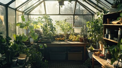 Wall Mural - Sunlit Greenhouse with Greenery and Fresh Fruit