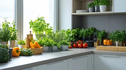 Kitchen Windowsill with Fresh Herbs, Vegetables, and a Wooden Cutting Board