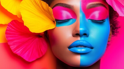 Wall Mural - a woman's face is painted with blue and pink colors, with a flower on her left side
