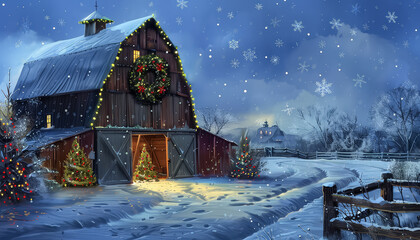 Wall Mural - A red barn with a wreath on the door and a christmas tree in the foreground