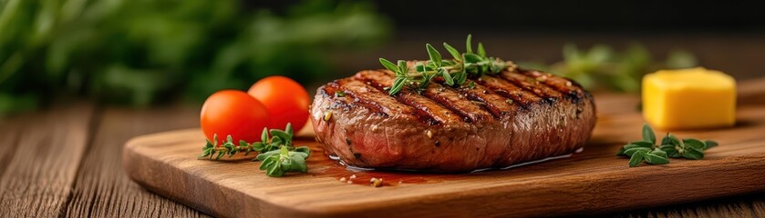 Grilled beef steak, juicy and succulent, garnished with fresh herbs and dripping with savory butter, mouthwatering and flavorful, succulent steak, herb garnish