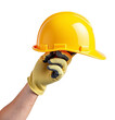 © Shilpi - Male hand wearing working glove holding yellow hard hat on Isolated transparent background png. generated with AI