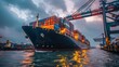 © PStyle - A massive cargo ship being loaded with colorful containers at dusk, showcasing bustling port activity and vibrant reflections.