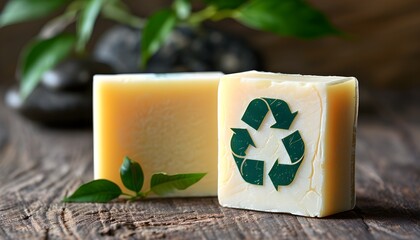 Wall Mural - Eco-friendly soap with recycling symbol promoting zero waste and sustainable cleaning practices without packaging to minimize environmental impact