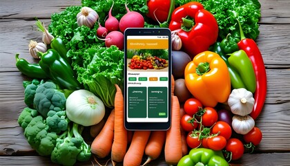 Wall Mural - Digital grocery shopping: colorful vegetables and organic products ordered through smartphone for a healthy lifestyle