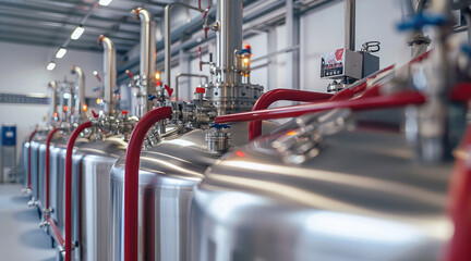 Fototapete - An industrial setting, a brewery or a distillery. There are multiple stainless steel tanks, each with a lid and equipped with various valves and instruments. The tanks are arranged in a row.