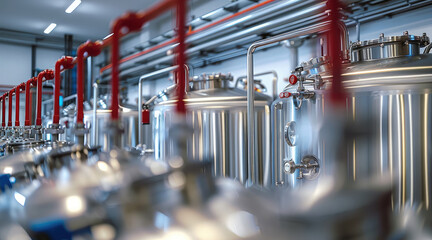 Fototapete - An industrial setting, a brewery or a distillery. There are multiple stainless steel tanks, each with a lid and equipped with various valves and instruments. The tanks are arranged in a row.