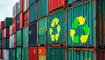 Wall Mural - Stacked cargo containers showcasing green recycling symbols for eco-friendly transportation of recyclable materials