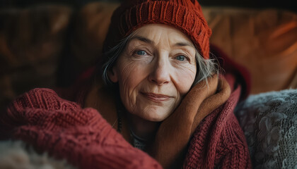 Poster - A woman in a red hat and a red sweater is sitting on a couch