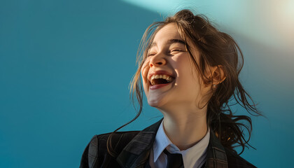 Poster - A girl is smiling and laughing while wearing a black dress and a tie