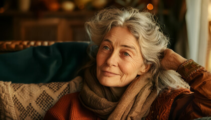 Wall Mural - A woman with gray hair is sitting on a couch and wearing a scarf