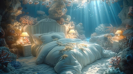 Wall Mural - An under water realistic bedroom for a mermaid full of sea stars, shells, and corals, the lighting is subtle blue with sun rays. Generative AI.