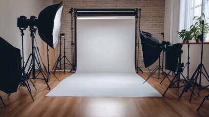 A photography studio setup with lights and backdrop for photo shoots.