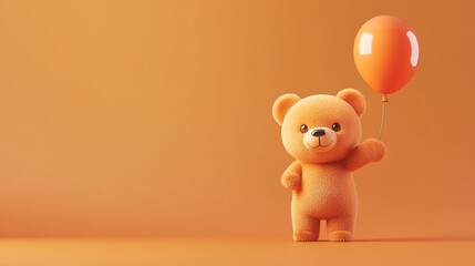 A cute teddy bear holding an orange balloon on a orange background.