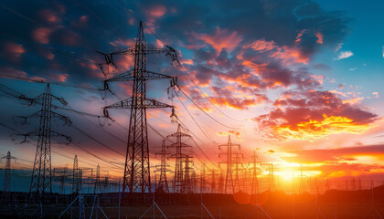 A beautiful sunset with a sky full of clouds and a field of power lines